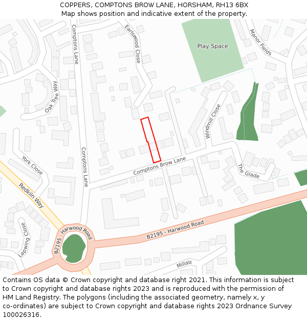 COPPERS, COMPTONS BROW LANE, HORSHAM, RH13 6BX: Location map and indicative extent of plot