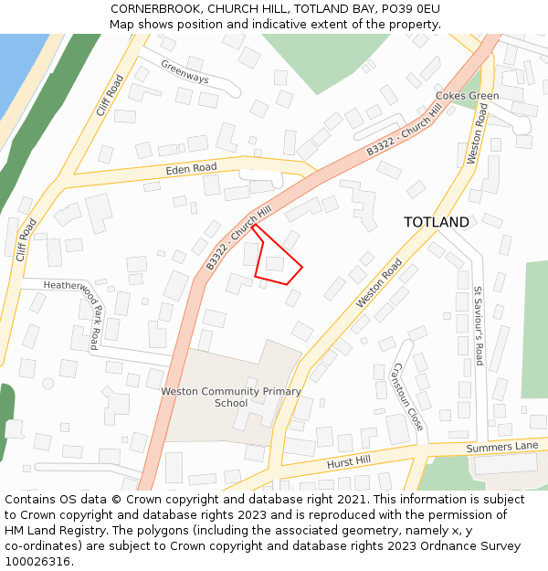 CORNERBROOK, CHURCH HILL, TOTLAND BAY, PO39 0EU: Location map and indicative extent of plot