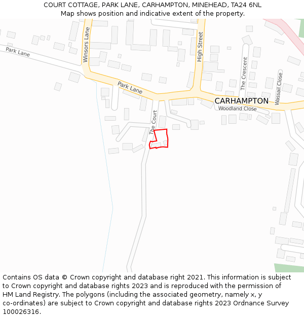 COURT COTTAGE, PARK LANE, CARHAMPTON, MINEHEAD, TA24 6NL: Location map and indicative extent of plot