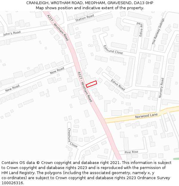 CRANLEIGH, WROTHAM ROAD, MEOPHAM, GRAVESEND, DA13 0HP: Location map and indicative extent of plot