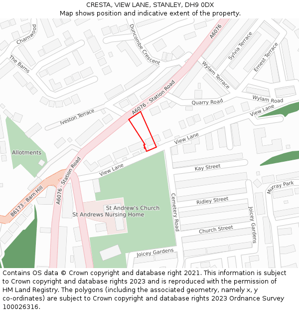 CRESTA, VIEW LANE, STANLEY, DH9 0DX: Location map and indicative extent of plot