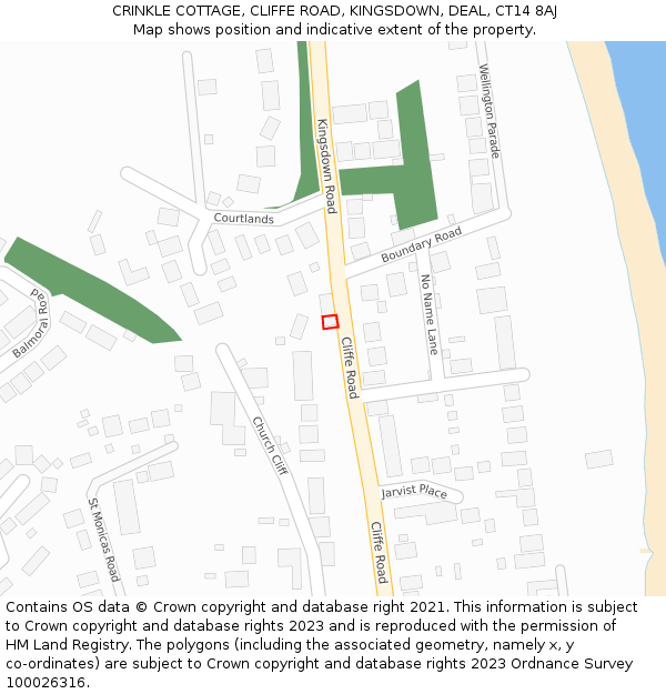 CRINKLE COTTAGE, CLIFFE ROAD, KINGSDOWN, DEAL, CT14 8AJ: Location map and indicative extent of plot