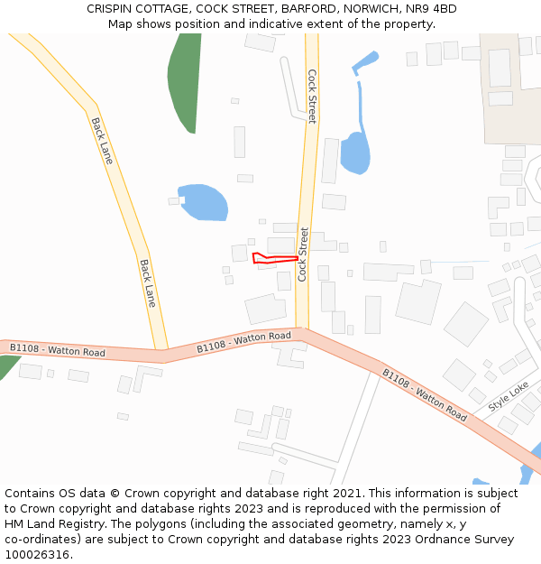 CRISPIN COTTAGE, COCK STREET, BARFORD, NORWICH, NR9 4BD: Location map and indicative extent of plot