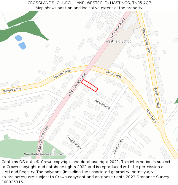 CROSSLANDS, CHURCH LANE, WESTFIELD, HASTINGS, TN35 4QB: Location map and indicative extent of plot