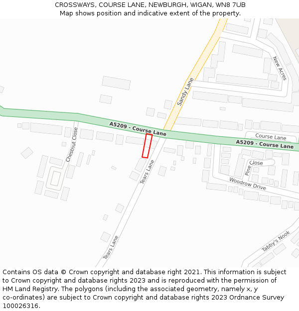 CROSSWAYS, COURSE LANE, NEWBURGH, WIGAN, WN8 7UB: Location map and indicative extent of plot