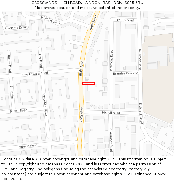 CROSSWINDS, HIGH ROAD, LAINDON, BASILDON, SS15 6BU: Location map and indicative extent of plot