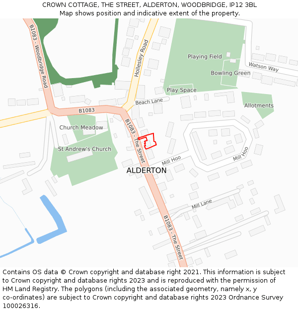 CROWN COTTAGE, THE STREET, ALDERTON, WOODBRIDGE, IP12 3BL: Location map and indicative extent of plot