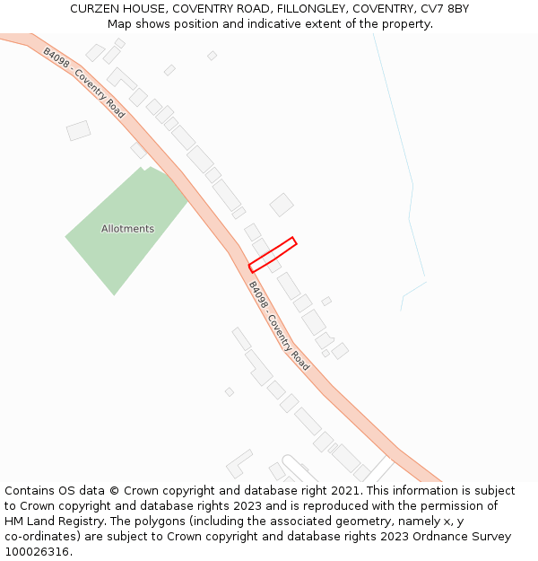 CURZEN HOUSE, COVENTRY ROAD, FILLONGLEY, COVENTRY, CV7 8BY: Location map and indicative extent of plot