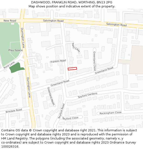 DASHWOOD, FRANKLIN ROAD, WORTHING, BN13 2PG: Location map and indicative extent of plot