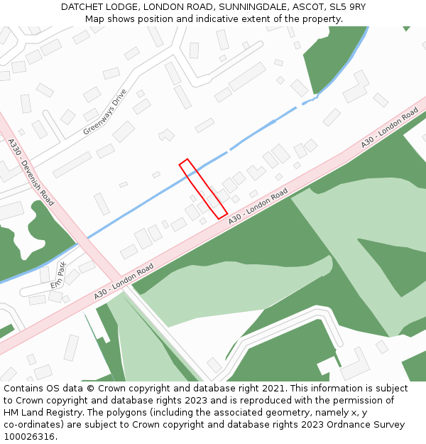 DATCHET LODGE, LONDON ROAD, SUNNINGDALE, ASCOT, SL5 9RY: Location map and indicative extent of plot