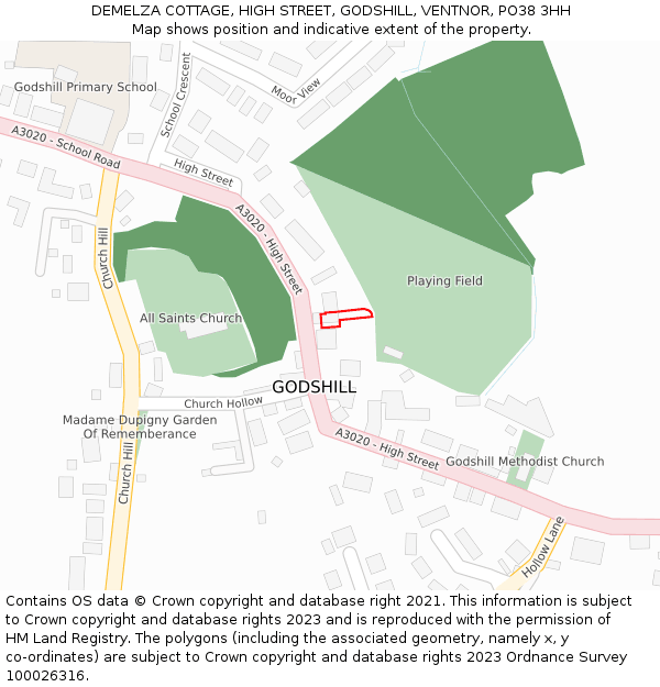 DEMELZA COTTAGE, HIGH STREET, GODSHILL, VENTNOR, PO38 3HH: Location map and indicative extent of plot