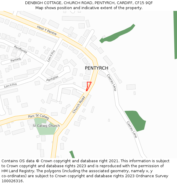 DENBIGH COTTAGE, CHURCH ROAD, PENTYRCH, CARDIFF, CF15 9QF: Location map and indicative extent of plot