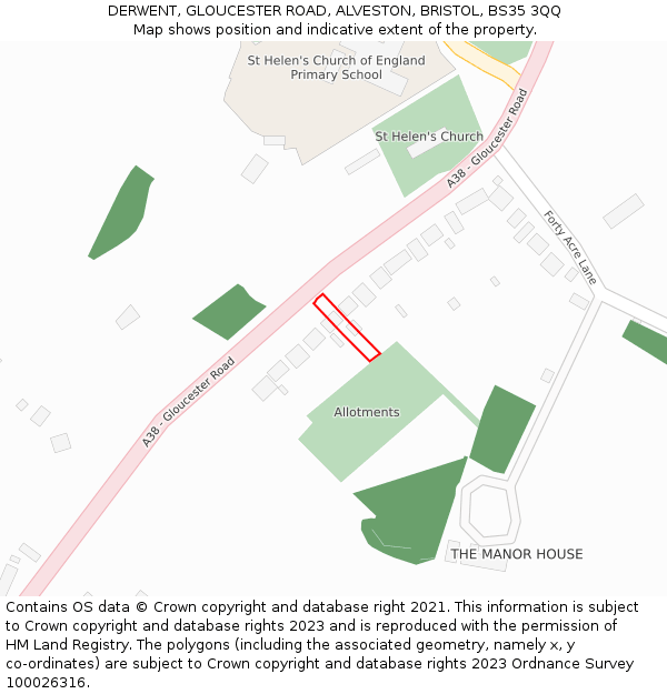 DERWENT, GLOUCESTER ROAD, ALVESTON, BRISTOL, BS35 3QQ: Location map and indicative extent of plot