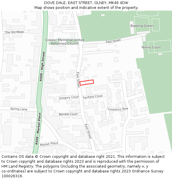 DOVE DALE, EAST STREET, OLNEY, MK46 4DW: Location map and indicative extent of plot