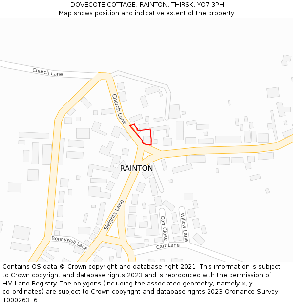 DOVECOTE COTTAGE, RAINTON, THIRSK, YO7 3PH: Location map and indicative extent of plot