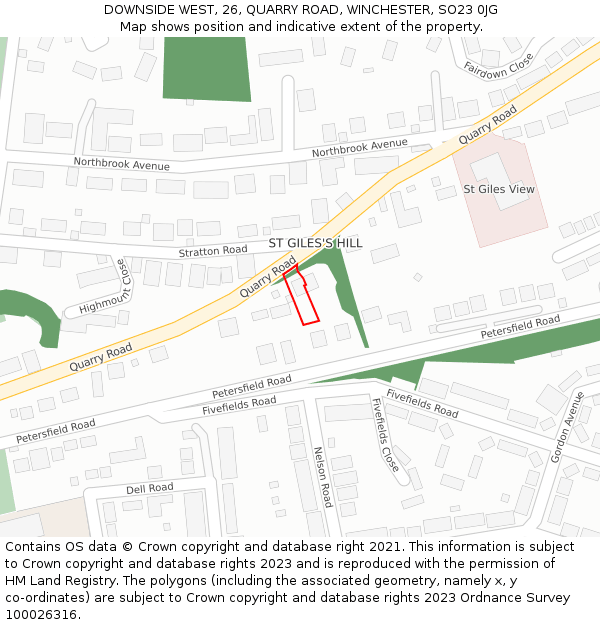 DOWNSIDE WEST, 26, QUARRY ROAD, WINCHESTER, SO23 0JG: Location map and indicative extent of plot