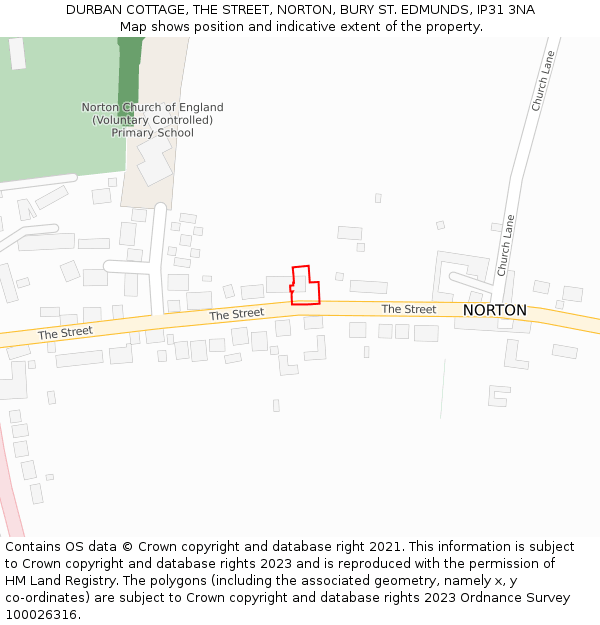 DURBAN COTTAGE, THE STREET, NORTON, BURY ST. EDMUNDS, IP31 3NA: Location map and indicative extent of plot