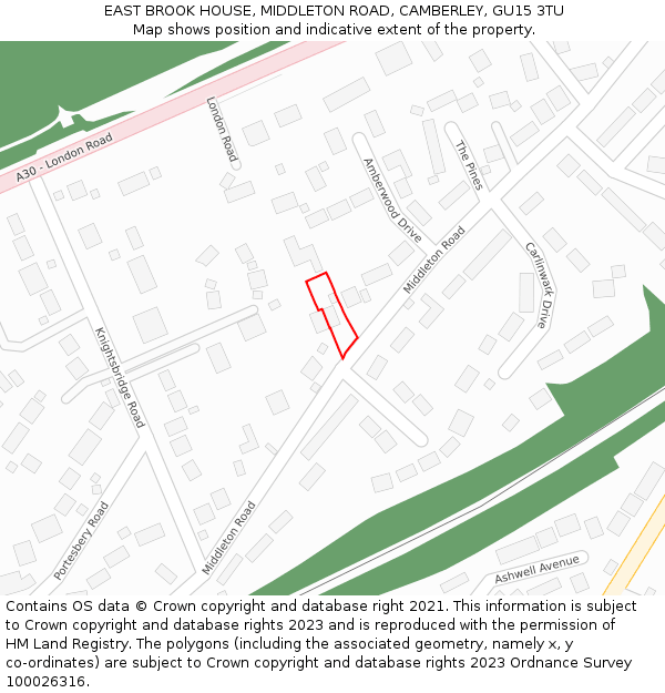 EAST BROOK HOUSE, MIDDLETON ROAD, CAMBERLEY, GU15 3TU: Location map and indicative extent of plot