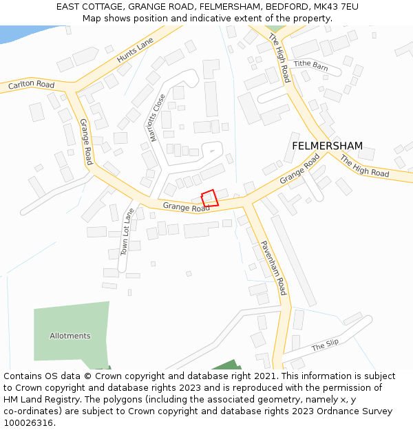 EAST COTTAGE, GRANGE ROAD, FELMERSHAM, BEDFORD, MK43 7EU: Location map and indicative extent of plot