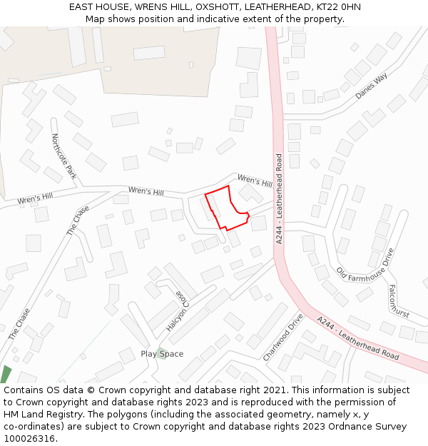 EAST HOUSE, WRENS HILL, OXSHOTT, LEATHERHEAD, KT22 0HN: Location map and indicative extent of plot