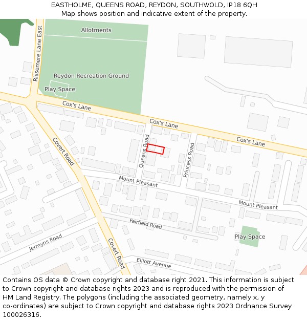 EASTHOLME, QUEENS ROAD, REYDON, SOUTHWOLD, IP18 6QH: Location map and indicative extent of plot