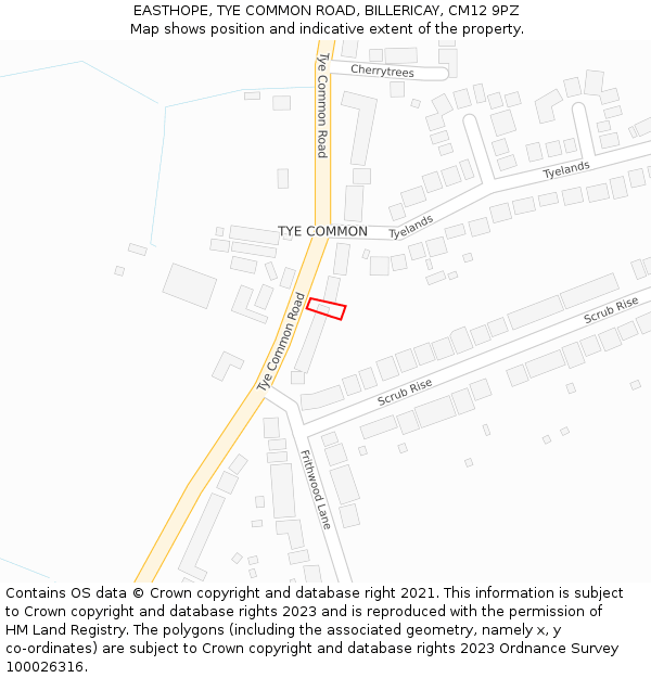 EASTHOPE, TYE COMMON ROAD, BILLERICAY, CM12 9PZ: Location map and indicative extent of plot