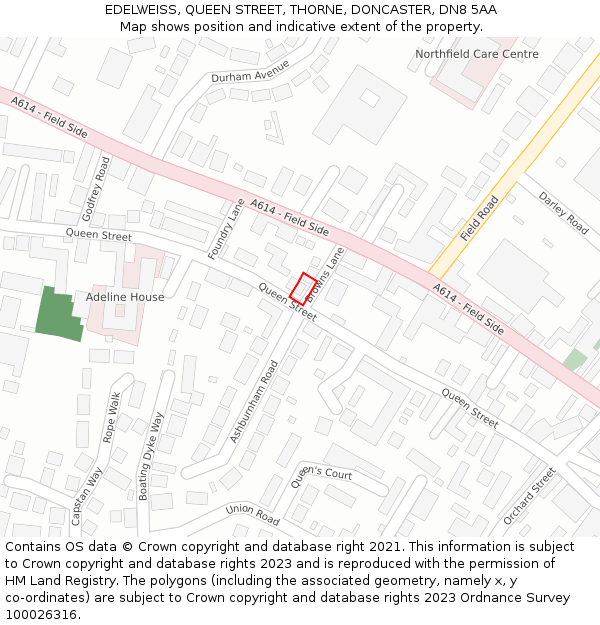 EDELWEISS, QUEEN STREET, THORNE, DONCASTER, DN8 5AA: Location map and indicative extent of plot