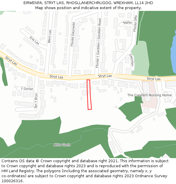 EIRWENFA, STRYT LAS, RHOSLLANERCHRUGOG, WREXHAM, LL14 2HD: Location map and indicative extent of plot