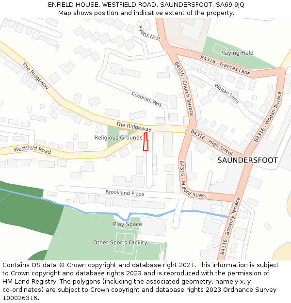 ENFIELD HOUSE, WESTFIELD ROAD, SAUNDERSFOOT, SA69 9JQ: Location map and indicative extent of plot