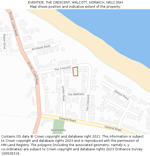 EVENTIDE, THE CRESCENT, WALCOTT, NORWICH, NR12 0NH: Location map and indicative extent of plot