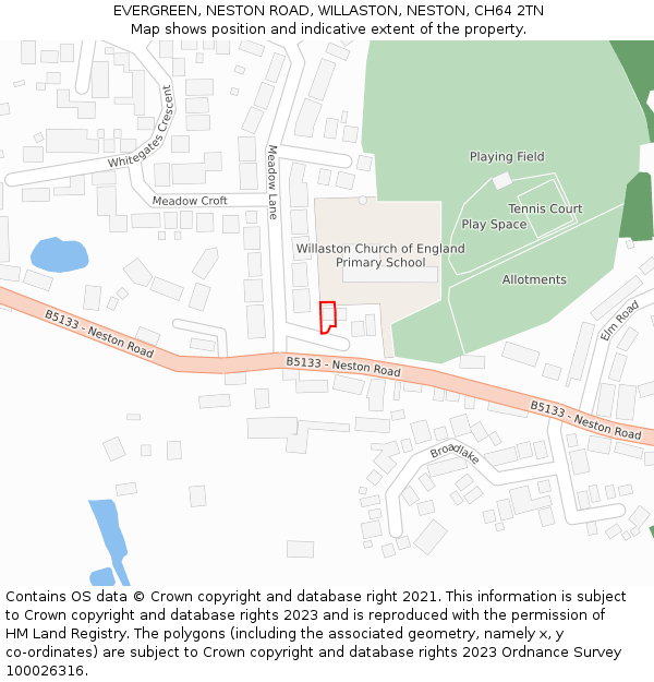 EVERGREEN, NESTON ROAD, WILLASTON, NESTON, CH64 2TN: Location map and indicative extent of plot