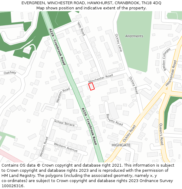 EVERGREEN, WINCHESTER ROAD, HAWKHURST, CRANBROOK, TN18 4DQ: Location map and indicative extent of plot