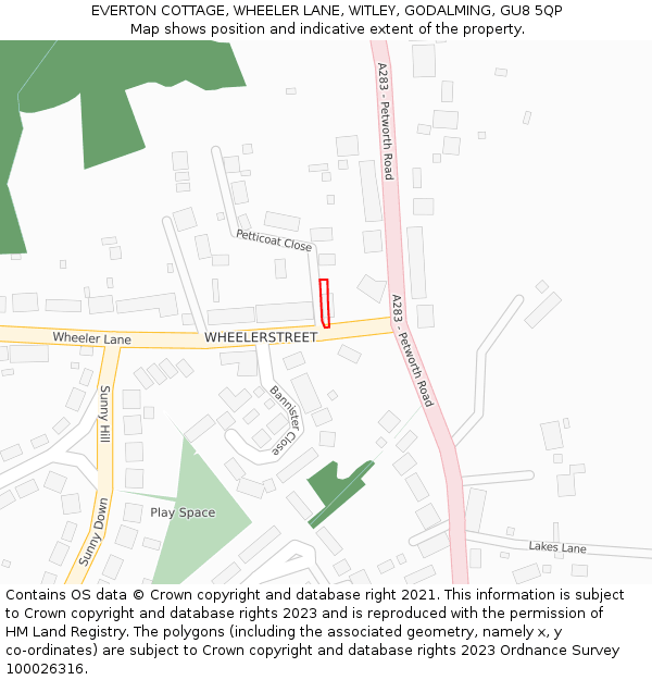 EVERTON COTTAGE, WHEELER LANE, WITLEY, GODALMING, GU8 5QP: Location map and indicative extent of plot