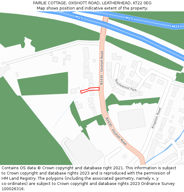 FAIRLIE COTTAGE, OXSHOTT ROAD, LEATHERHEAD, KT22 0EG: Location map and indicative extent of plot