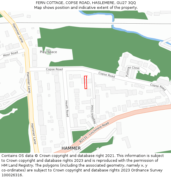 FERN COTTAGE, COPSE ROAD, HASLEMERE, GU27 3QQ: Location map and indicative extent of plot