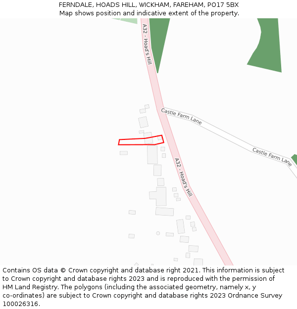 FERNDALE, HOADS HILL, WICKHAM, FAREHAM, PO17 5BX: Location map and indicative extent of plot