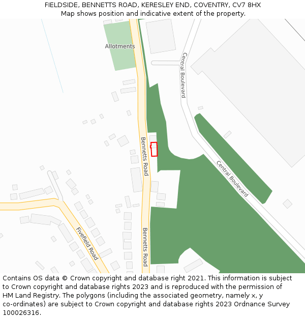 FIELDSIDE, BENNETTS ROAD, KERESLEY END, COVENTRY, CV7 8HX: Location map and indicative extent of plot