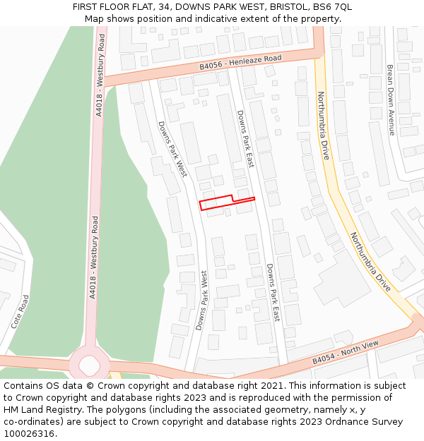 FIRST FLOOR FLAT, 34, DOWNS PARK WEST, BRISTOL, BS6 7QL: Location map and indicative extent of plot