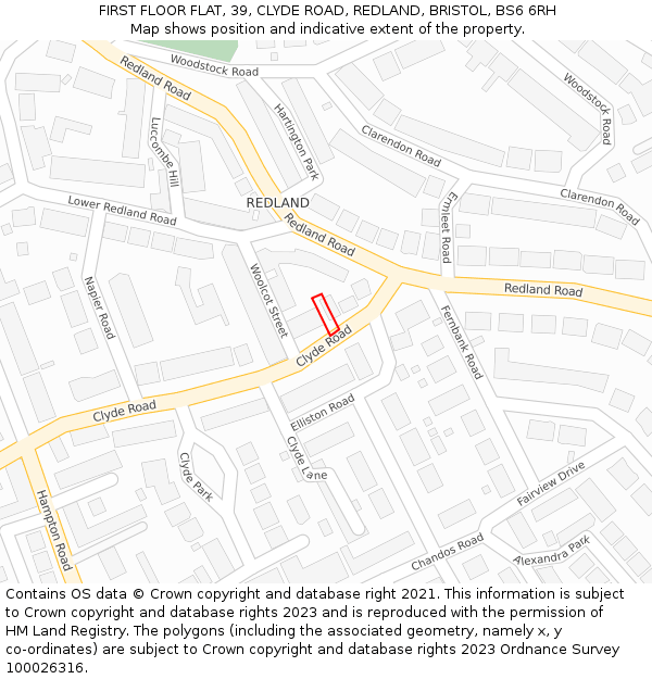 FIRST FLOOR FLAT, 39, CLYDE ROAD, REDLAND, BRISTOL, BS6 6RH: Location map and indicative extent of plot