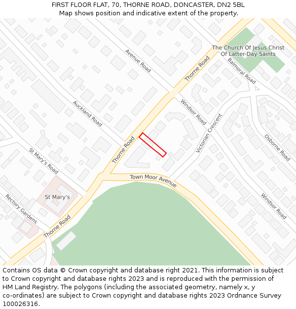 FIRST FLOOR FLAT, 70, THORNE ROAD, DONCASTER, DN2 5BL: Location map and indicative extent of plot