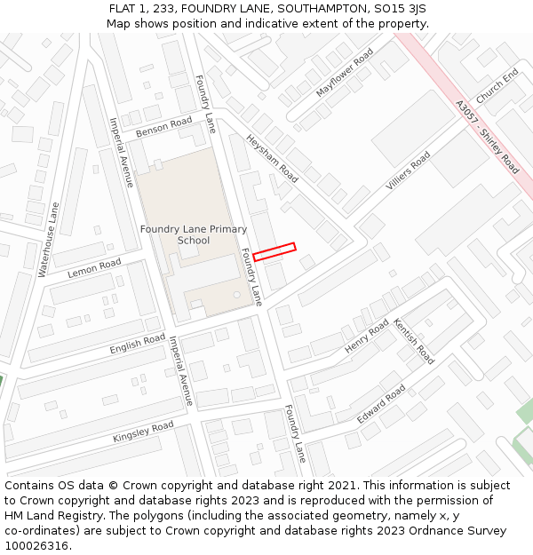 FLAT 1, 233, FOUNDRY LANE, SOUTHAMPTON, SO15 3JS: Location map and indicative extent of plot