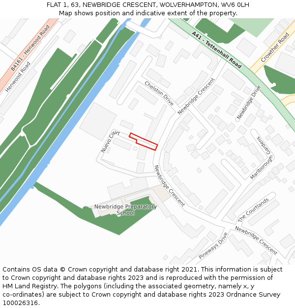 FLAT 1, 63, NEWBRIDGE CRESCENT, WOLVERHAMPTON, WV6 0LH: Location map and indicative extent of plot