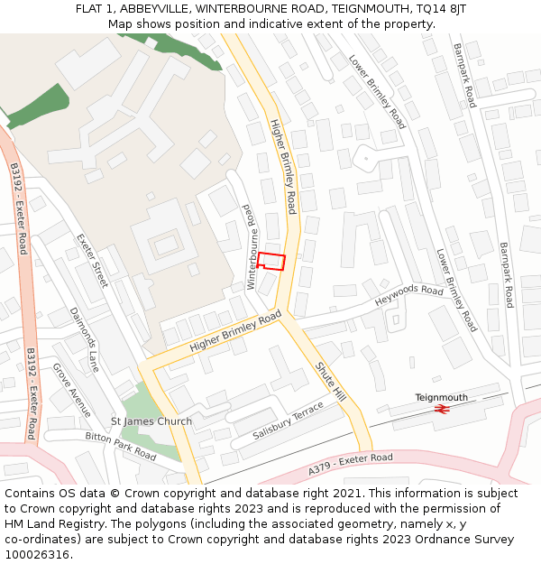 FLAT 1, ABBEYVILLE, WINTERBOURNE ROAD, TEIGNMOUTH, TQ14 8JT: Location map and indicative extent of plot