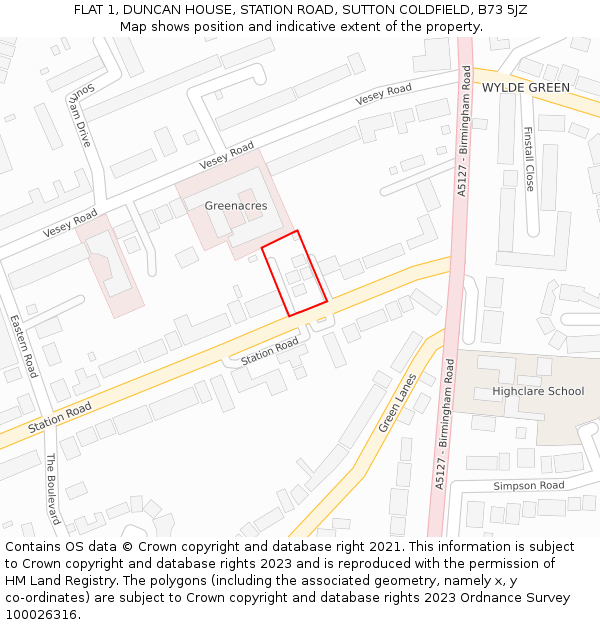 FLAT 1, DUNCAN HOUSE, STATION ROAD, SUTTON COLDFIELD, B73 5JZ: Location map and indicative extent of plot