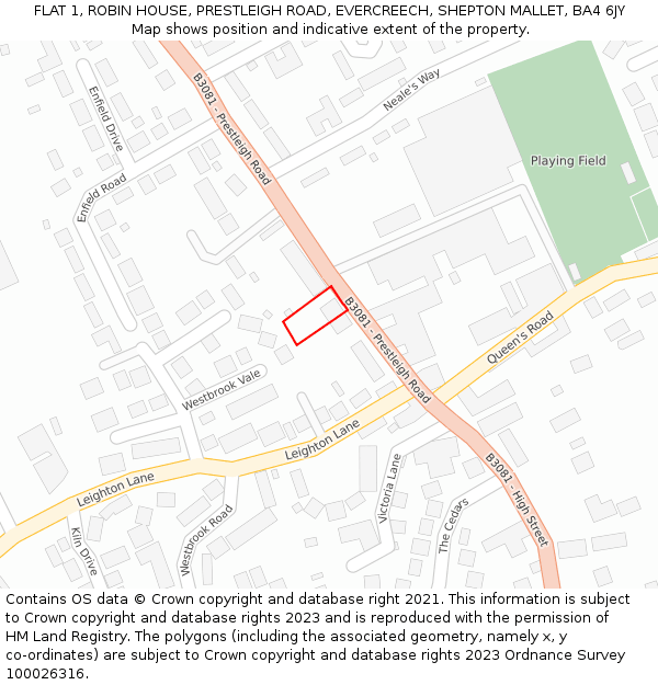 FLAT 1, ROBIN HOUSE, PRESTLEIGH ROAD, EVERCREECH, SHEPTON MALLET, BA4 6JY: Location map and indicative extent of plot