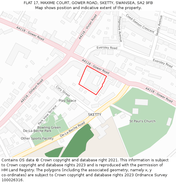 FLAT 17, MAXIME COURT, GOWER ROAD, SKETTY, SWANSEA, SA2 9FB: Location map and indicative extent of plot