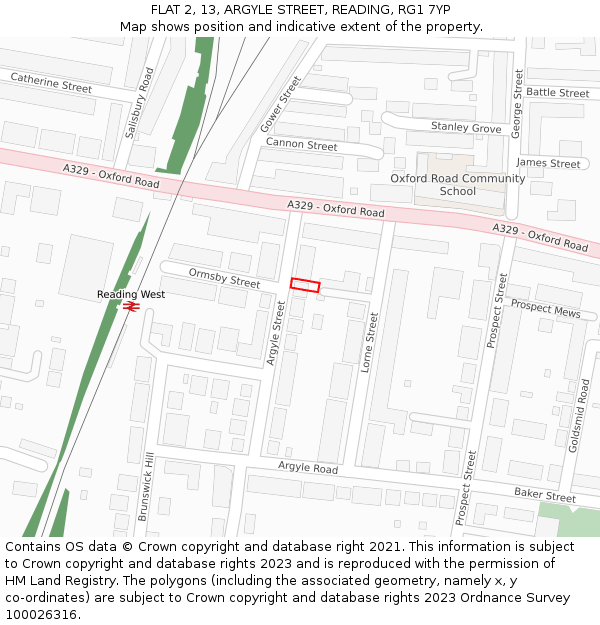 FLAT 2, 13, ARGYLE STREET, READING, RG1 7YP: Location map and indicative extent of plot