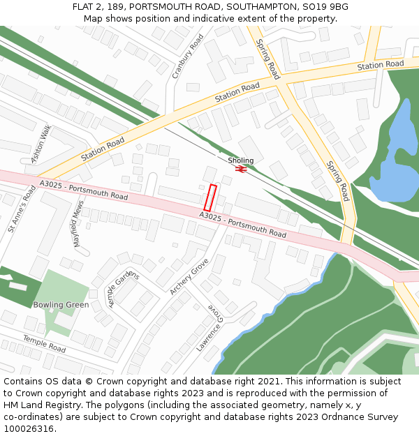 FLAT 2, 189, PORTSMOUTH ROAD, SOUTHAMPTON, SO19 9BG: Location map and indicative extent of plot