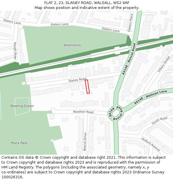 FLAT 2, 23, SLANEY ROAD, WALSALL, WS2 9AF: Location map and indicative extent of plot