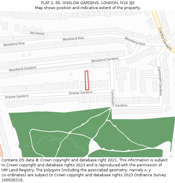 FLAT 2, 66, ONSLOW GARDENS, LONDON, N10 3JX: Location map and indicative extent of plot